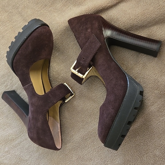 Michael Kors Brown Suede Leather Heeled Pumps with Chunky Platform Mary Jane - Picture 13 of 13